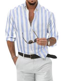TARAINYA Leinenhemd Herren Langarm Sommer Baumwolle Button Down Shirts Casual Freizeithemd Regular Fit mit Tasche Blau Weiß L von TARAINYA