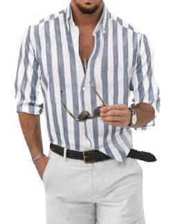 TARAINYA Leinenhemd Herren Langarm Sommer Baumwolle Button Down Shirts Casual Freizeithemd Regular Fit mit Tasche Marineblau Weiß S von TARAINYA
