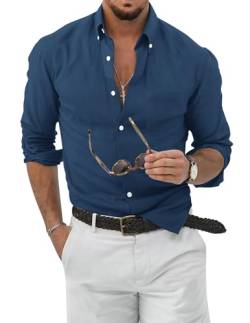 TARAINYA Leinenhemd Herren Langarm Sommer Baumwolle Button Down Shirts Casual Freizeithemd Regular Fit mit Tasche Navy blau M von TARAINYA