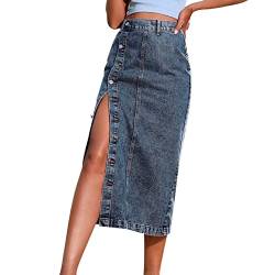 Jeansrock Lang Mit Schlitz Vorne - Jeansrock Mit Knopfleiste Damen - Jeans Maxirock Elegant Mit Taschen Sommerrock Stretch Denim Midirock Gummizug Sexy Maxi Röcke Gürtel Sommer Strandrock A Line von TDEOK