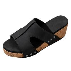 TDEOK Damen Solide Slip On Casual Toe Wedges Bequeme Strandschuhe Sandalen Hausschuhe Langlaufski Set Damen Klassisch Mit Bindung Und Schuhe (Black, 39) von TDEOK