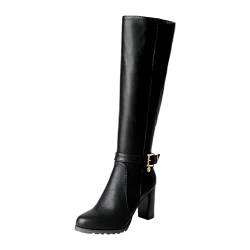 TDEOK Damen Winter Dicker Absatz High Heel wasserdichte Plattform Runde Kopfhohe Lederstiefel Damen Plateau Schuhe Elegant (Black, 41) von TDEOK