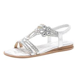 TDEOK Frauen Strass Dekor Slingback Sandalen elastischer Knöchelriemen lässige böhmische Strandschuhe Damenschuhe 41 (Silver, 39) von TDEOK