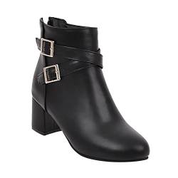 TDEOK und Winter Frauen Dicke Ferse Kurze Stiefel Gürtelschnalle mittlerer Absatz seitlicher Reißverschluss Frauen Stiefel Stiefeletten Für Damen (Black, 39) von TDEOK