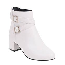 TDEOK und Winter Frauen Dicke Ferse Kurze Stiefel Gürtelschnalle mittlerer Absatz seitlicher Reißverschluss Frauen Stiefel Stiefeletten Für Damen (White, 38) von TDEOK