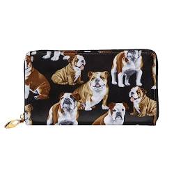 Englische Bulldoggen bedruckte Leder-Geldbörse mit Reißverschluss für Damen, Damen, mit Reißverschluss, Clutch, Handgelenk, Reisen, lange Geldbörse, Schwarz, Einheitsgröße, minimalistisch, Schwarz , von TEMKIN