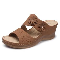 TEMOFON Damen Keilsandalen, elegant: weiche Ledersandalen, Gummisohle, bequemes Gehen, lässiger Slip-On-Sommerschuh, Braun, 37 EU von TEMOFON