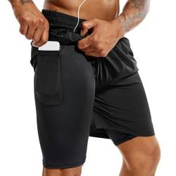 TENJOY Herren 2 in 1 Laufshorts 5 Zoll, schnell trocknende Gym Sport Workout Shorts mit Handytasche Schwarz L von TENJOY