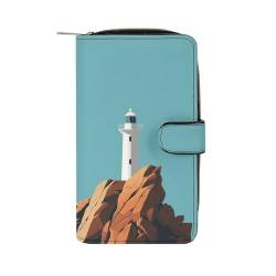 THGJK Lange Ledergeldbörse mit weißem Leuchtturm-Bild, bedruckt, Passcase mit Reißverschluss, kleine Geldbörse, Kreditkartenetui, Münzfach, Schlüsseltasche, Urlaubsgeschenke, Unisex, Stil, 19,7 x 11 x von THGJK