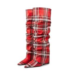 THOYBMO High Heels Boots Kniehohe Stiefel Damen Keilabsatz Spitzer Stilvolle Pumps Partys Büros Abendschuhe,Red,40 von THOYBMO