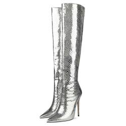 THOYBMO High Heels Boots Kniehohe Stiefel Damen Stilettos Spitze Zehen Pumps Schlangenmuster Reißverschluss Elegante Partyschuhe 12cm,Silver(10CM),43 von THOYBMO