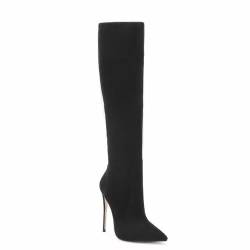 THOYBMO High Heels Boots Kniehohe Stiefel Damen Stilettos Spitze Zehen Wildlederstiefel Seitlicher Reißverschluss Elegante Pumps Partys,Black,40 von THOYBMO