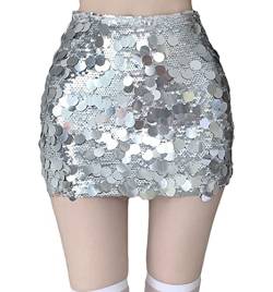 Silberner Mini-Rock, Frauen Paillettenröcke Sparkle Bodycon Kurzer Wickelrock Sexy Club Party Röcke (Color : Silver, Size : L) von THUCHENYUC