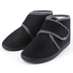 TIESTRA Warm Hausschuhe Herren Winter Lammfell Diabetiker Hausschuhe Breiter Fuß Filzpantoffeln Mit Memory Foam Sohle,Filz Herrenhausschuhe Mit Klettverschluss,Schwarz 44 von TIESTRA