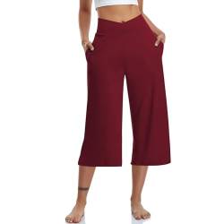 TIMELYE Damen Caprihose 3/4 Freizeithose Outdoor Leichte Sporthose Lockere Traininghose Indoor Yogahose Weites Bein Elastischer Bund Tasche für Casual, Yoga, Fitness von TIMELYE