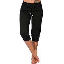 Caprihose Damen 3/4 Cargohose Sommer Casual Jogginghose 3/4 Trainingshose Sporthose Kurze Hose Sport Fitness Jogginghose Shorts Frauen Fitness Damen Freizeithosen Sweathose Freizeit (Black, XXXL) von TIMIYUYU