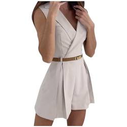 Damen Sommer Latzhose Elegant Kurz Sommer Büro Overall Sexy Jumpsuit Ärmelloser Lässige Shorts Loose Fit Playsuit Romper Hosenanzug Sommer Overalls Kurz Casual Playsuit Sommer Frauen Shorts (Beige, L) von TIMIYUYU