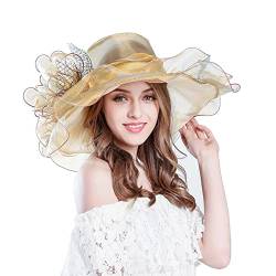 TIMIYUYU Elegante Sonnenhüte Organzablumen Hut Damen Sommerhut Frauenorganza Hut Damenhut Strandsonnenschutz Wide Brim Sommer Strand Hut Organzahut Fascinator Hut für Strand Kirche (Z3-Gold, One Size) von TIMIYUYU