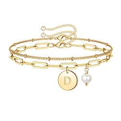 TINGN Armband Damen Gold, Zierlich Gold Doppelschichtiges Layered Charm Armband mit Buchstaben D Personalisiertes Armband Gliederkette Armkette Perlenarmband Armschmuck Geschenke für Frauen Mädchen von TINGN