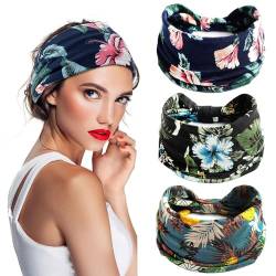 Stirnbänder Breiter Knoten Haarschal Blumendruck Haarband Elastisch Turban Dicke Kopfwickel Stretch Stoff Baumwolle Stirnbänder Dicke Mode Haarschmuck für Frauen 3 Stück von TKOLYDEO