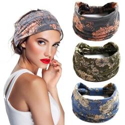 Stirnbänder Breiter Knoten Haarschal Blumendruck Haarband Elastisch Turban Dicke Kopfwickel Stretch Stoff Baumwolle Stirnbänder Dicke Mode Haarschmuck für Frauen 3 Stück von TKOLYDEO