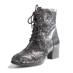 TMA EYES Abstrakte Nieten-Schnürung und Reißverschluss Damen Lederstiefel, Schwarz, 37.5 EU von TMA EYES