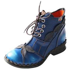 TMA EYES Damen Stiefeletten Niedriger Absatz Schnürung Seitlicher Reißverschluss Mode Leder Booties, Blau, 41 EU von TMA EYES