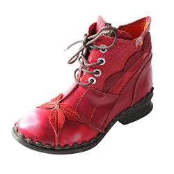 TMA EYES Damen Stiefeletten Niedriger Absatz Schnürung Seitlicher Reißverschluss Mode Leder Booties, Rot/Ausflug, einfarbig (Getaway Solids), 37.5 EU von TMA EYES