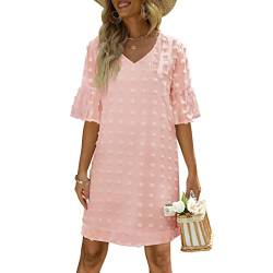 TMISHION Damen Kurzarm V-Ausschnitt Sommerkleid Chiffon Schweizer Polka Dots Rüschen Flare Ärmel A-Linie Kleid(XXL-Rosa) von TMISHION