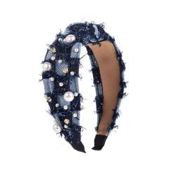 Stirnband Damen Weiße Perlen Stirnband Damen Jeans Haarreifen Mode Haarschmuck Haarband Vintage-gepolstertes Weihnachten Haarschmucken Hochzeit Friseur Zubehör Haar Accessoire von TMTGTS