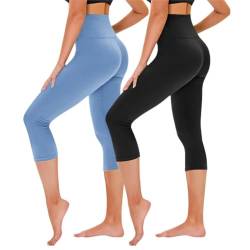 TNNZEET 3/4 Leggings Damen Capri Leggins für Sport, 7/8 Sporthose High Waist Sportleggings für Gym(Schwarz/Hellblau,XXL) von TNNZEET