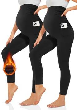 TNNZEET Umstandsleggings Damen Blickdicht Schwangerschaft Leggings Lang mit Taschen für Yoga(Thermo-Schwarz,S) von TNNZEET