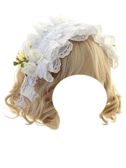 Süßes süßes Spitzen-Stirnband, Kopfbedeckung, Blumen, Haarband, Lolita, Party, Cosplay, Haarschmuck für Frauen (weiß) von TO KU TOO YUO