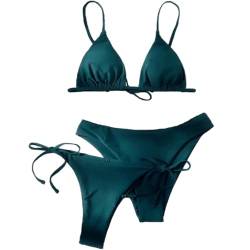 Damen Bikini Set Sexy Bikini Dreiteiliger Badeanzug Einfarbig Bikini Badeanzug mit Dreieck Cup Spaghetti-Träger Push Up High-Cut Gepolsterte Bikini Badeanzug Dunkelgrün XL von TOKYMOON