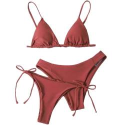 Damen Bikini Set Sexy Bikini Dreiteiliger Badeanzug Einfarbig Bikini Badeanzug mit Dreieck Cup Spaghetti-Träger Push Up High-Cut Gepolsterte Bikini Badeanzug Dunkelrot S von TOKYMOON