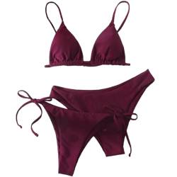 Damen Bikini Set Sexy Bikini Dreiteiliger Badeanzug Einfarbig Bikini Badeanzug mit Dreieck Cup Spaghetti-Träger Push Up High-Cut Gepolsterte Bikini Badeanzug Weinrot XL von TOKYMOON