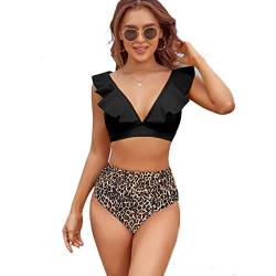 TOKYMOON Damen Bikini Set Badeanzug mit Rüschen Volant V-Ausschnitt Strandbikini Swimsuit High Waist Bikini Bademode Elegant Zweiteiliger Badeanzug Damen Sexy Retro Badeanzug Schwarz 1 XL von TOKYMOON