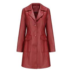 TOKYMOON Lederjacke Damen Lang Elegant Trenchcoat Damen Ledermantel Reverskragen Knöpfen Einfarbige Kunstleder Übergangsjacke Langarm PU Leder Jacke Windjacke Lederjacke Weinrot S von TOKYMOON