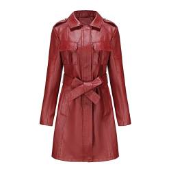 TOKYMOON Lederjacke Damen Lang Elegant Trenchcoat Damen Ledermantel Reverskragen Reißverschluss Einfarbige Kunstleder Übergangsjacke Langarm PU Leder Jacke Windjacke Lederjacke Weinrot 1 L von TOKYMOON