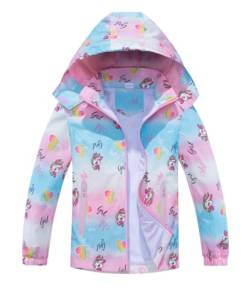 TOKYMOON Mädchen Regenjacke Wind und Wasserdicht Übergangsjacke Kinder Mädchen Jacke mit Einhorn Übergangsjacke Softshelljacken Kapuzenjacke Wanderjacke Outdoorjacke Blaues Einhorn 110 von TOKYMOON