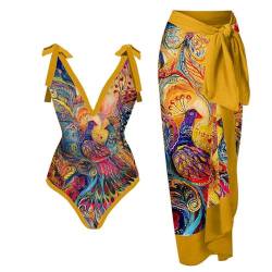 TOKYMOON Zweiteiliger Damen Badeanzug Sport v Ausschnitt Vintage Badeanzüge Damen Sexy high Waist Badeanzug Swimsuit Bademode Strandkleid Push up Retro Badeanzug Monokini Bauchweg Gelber Pfau L von TOKYMOON