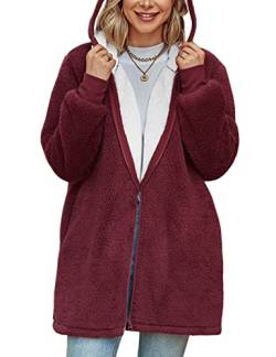 TOMEEK Damen Lange Kapuzen-Fleecejacke Übergröße Teddy-Fleece Mantel, Warme Teddy-Fleece Flauschiger Plüschmantel, Winter Kapuzenjacke Oberbekleidung(Weinrot,M) von TOMEEK