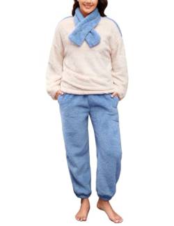 TOMEEK Damen Schlafanzug Set Winter Kuscheliger Polar Fleece Freizeitanzug mit Langarm-Oberteil Hose und Schal Gemütliche Nachtwäsche PJS für Frauen, Blau, M von TOMEEK