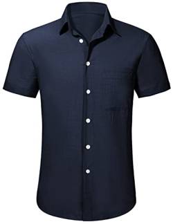 TOMEEK Herrenhemd Sommer Kurzarmhemd Umlegekragen Business Casual Hemd Henley Baumwollhemd, Navy blau, Größe L von TOMEEK