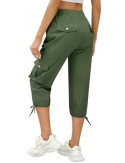 TOMEEK Hose Damen 3/4 Caprihose Damen Casual Jogginghose Sommer Sporthose Outdoor Baggy Freizeithose Bequeme mit Mehrfach-Taschen Kordelzug Taille Yogahose(Grün,XL) von TOMEEK