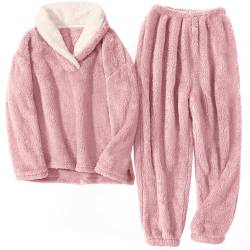 TOMEEK Schlafanzug Damen Winter Thermo Pyjama Set Langarm Fleece Nachtwäsche Set Weicher Warmer Heim Lounge Anzug mit Sweatshirt und Hose Polar PjS(Rosa,L) von TOMEEK