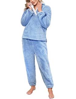 TOMEEK Schlafanzug Damen Winter Thermo Pyjama Set Langarm Fleece Nachtwäsche Set Weicher Warmer Heim Lounge Anzug mit Sweatshirt und Hose Polar PjS, Hellblau, Größe L von TOMEEK