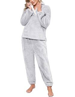 TOMEEK Schlafanzug Damen Winter Thermo Pyjama Set Langarm Fleece Nachtwäsche Set Weicher Warmer Heim Lounge Anzug mit Sweatshirt und Hose Polar PjS, Hellgrau, Größe L von TOMEEK