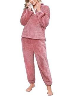 TOMEEK Schlafanzug Damen Winter Thermo Pyjama Set Langarm Fleece Nachtwäsche Set Weicher Warmer Heim Lounge Anzug mit Sweatshirt und Hose Polar PjS, Orange Rosa, Größe L von TOMEEK