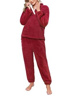 TOMEEK Schlafanzug Damen Winter Thermo Pyjama Set Langarm Fleece Nachtwäsche Set Weicher Warmer Heim Lounge Anzug mit Sweatshirt und Hose Polar PjS, Rotwein, Größe XL von TOMEEK
